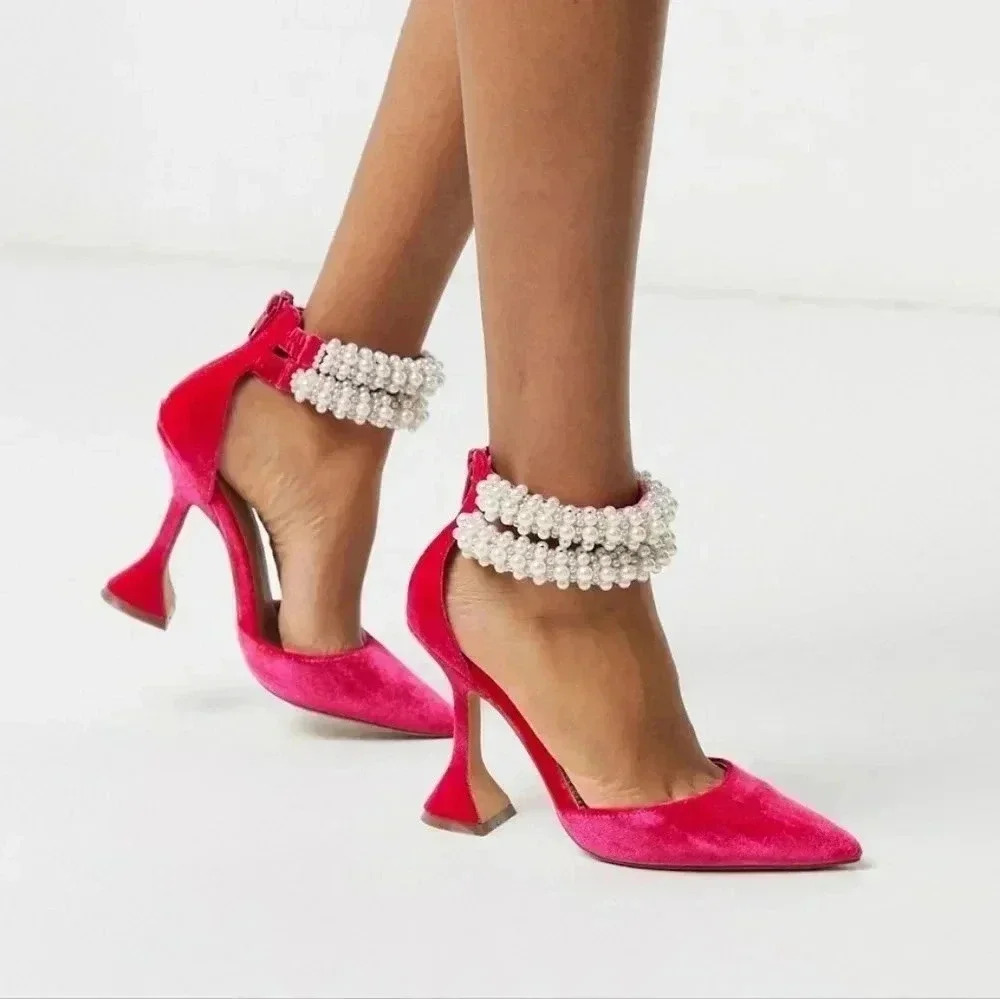 ASOS Hot Pink Velvet Pointed-Toe Heels with Pearl Ankle Straps